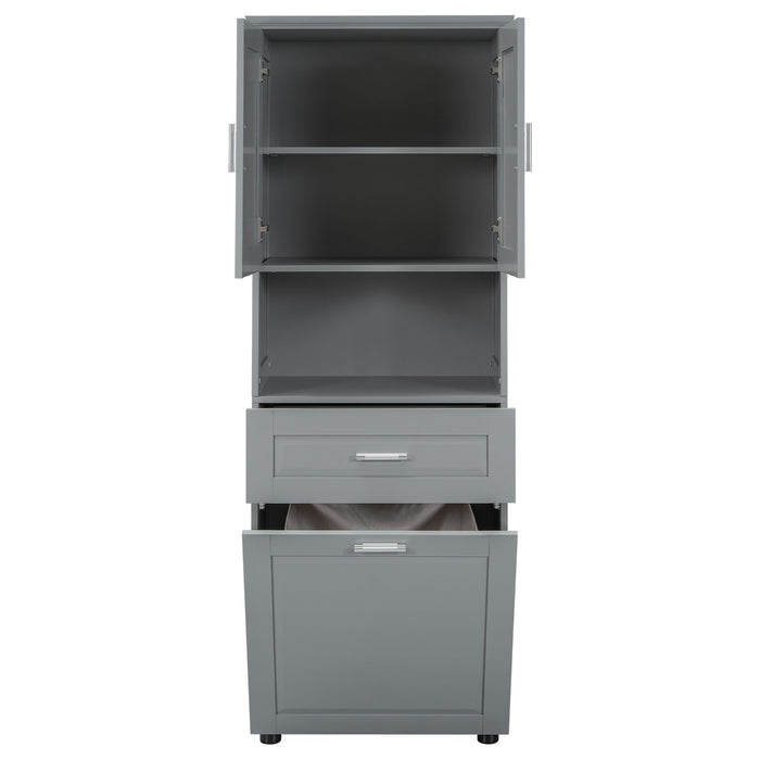 Tall Bathroom Cabinet With Tilt-Out Laundry Basket And Upper Storage