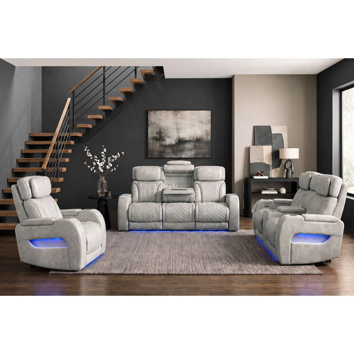 Prime Time P3 3PC Living Room Set with 7 Colors LED in Leather Gel Light Grey-Sofa, Loveseat & Recliner