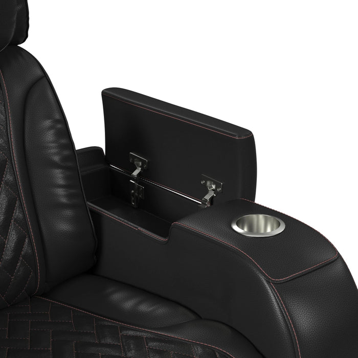 Prime Time P3 Sofa with I Table, reading light, heat, massage, LED, and speaker in Jett Black with Red Stitching