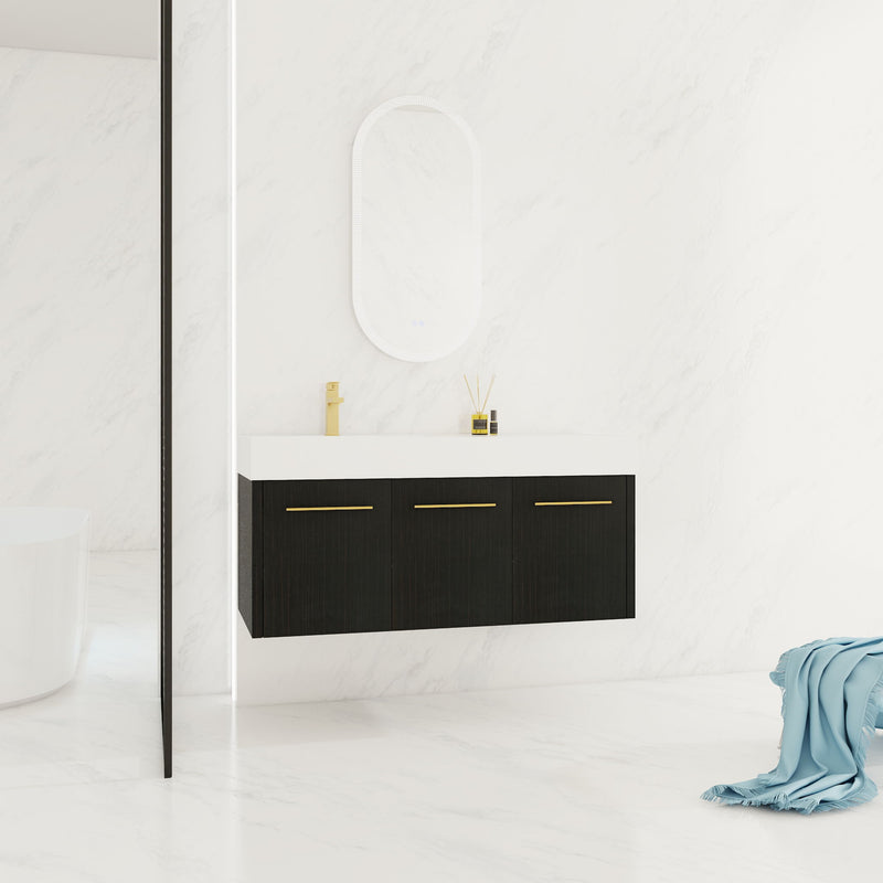Contemporary 48" Wall Mounted Bathroom Vanity With Resin Sink And Soft Closing Doors And Line - Black Chestnut