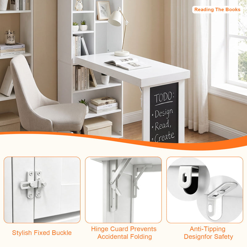 Folding Desk With Storage, Foldable Convertible Writing Table With Blackboard And Shelves For Home Office