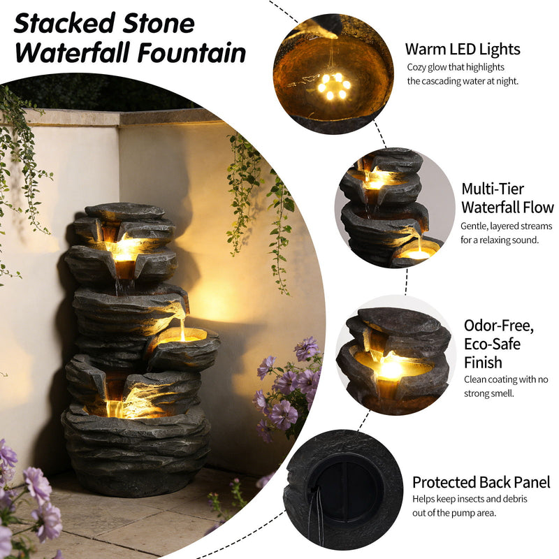 Outdoor Waterfall Fountain With LED Lights For Patio - Gray