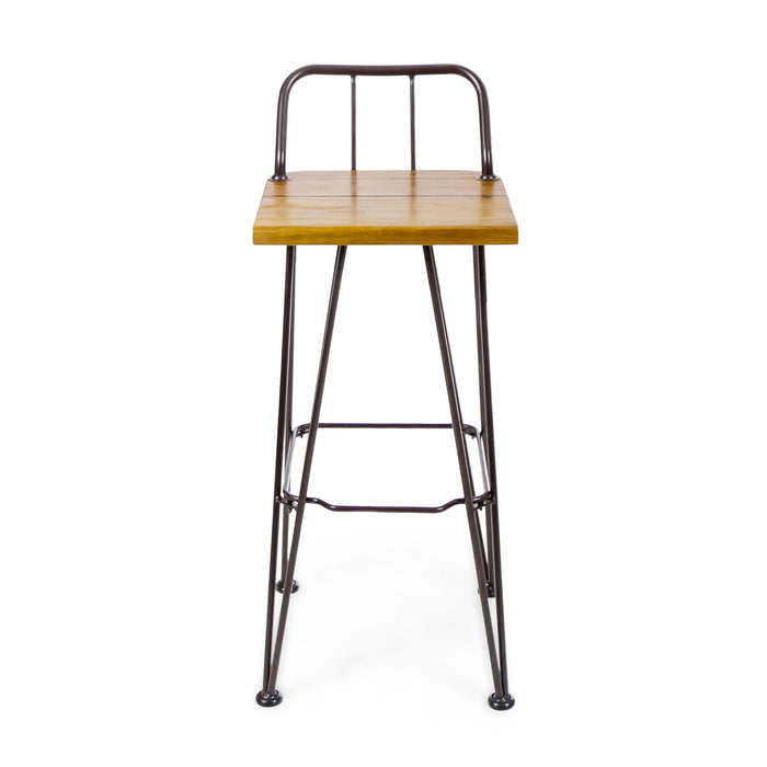 Dione Outdoor Industrial Acacia Wood Bar Set With Metal Frame And Slat Paneling - Brown