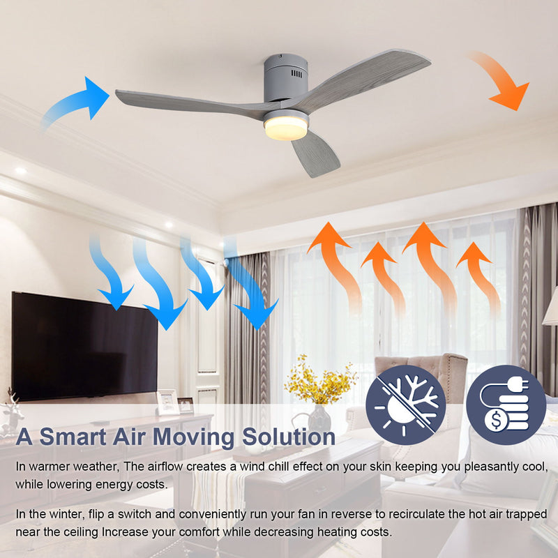 52" Ceiling Fan With LED Light, Reversible DC Motor, Remote Control - Silver
