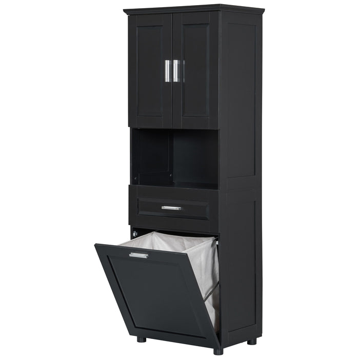 Tall Bathroom Cabinet With Tilt-Out Laundry Basket And Upper Storage