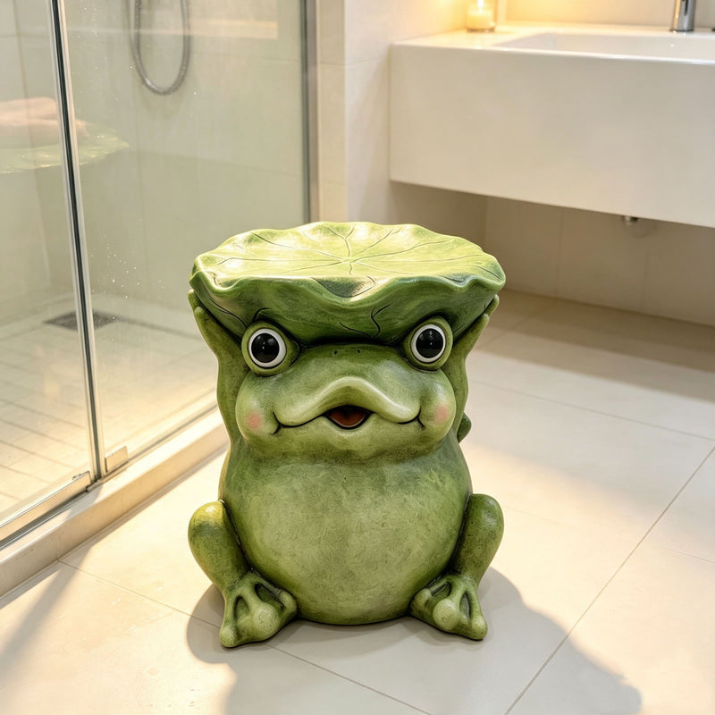 12'' Cute Frog Statue With Lotus Leaf Hat, Cartoon Animal Figurine Decor, Outdoor Garden Landscape Sculpture Ornament For Front Porch, Backyard Lawn, Patio, Walkway Home Decor