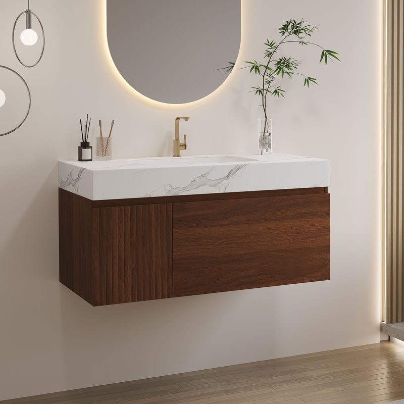 Floating Bathroom Vanity & Basin 1 Soft Close Drawer + 1 Cabinet, Wall Mounted - Walnut / White