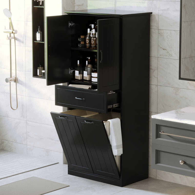 Modern Bathroom Storage Cabinet With Two Laundry Baskets, One Drawer, Adjustable Shelf