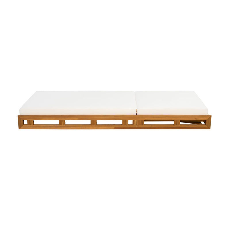 Premium Acacia Wood Lounge Chaise Set With Water Resistant Cushions, Adjustable Recline - Cream / Teak