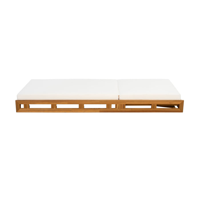 Premium Acacia Wood Lounge Chaise Set With Water Resistant Cushions, Adjustable Recline - Cream / Teak