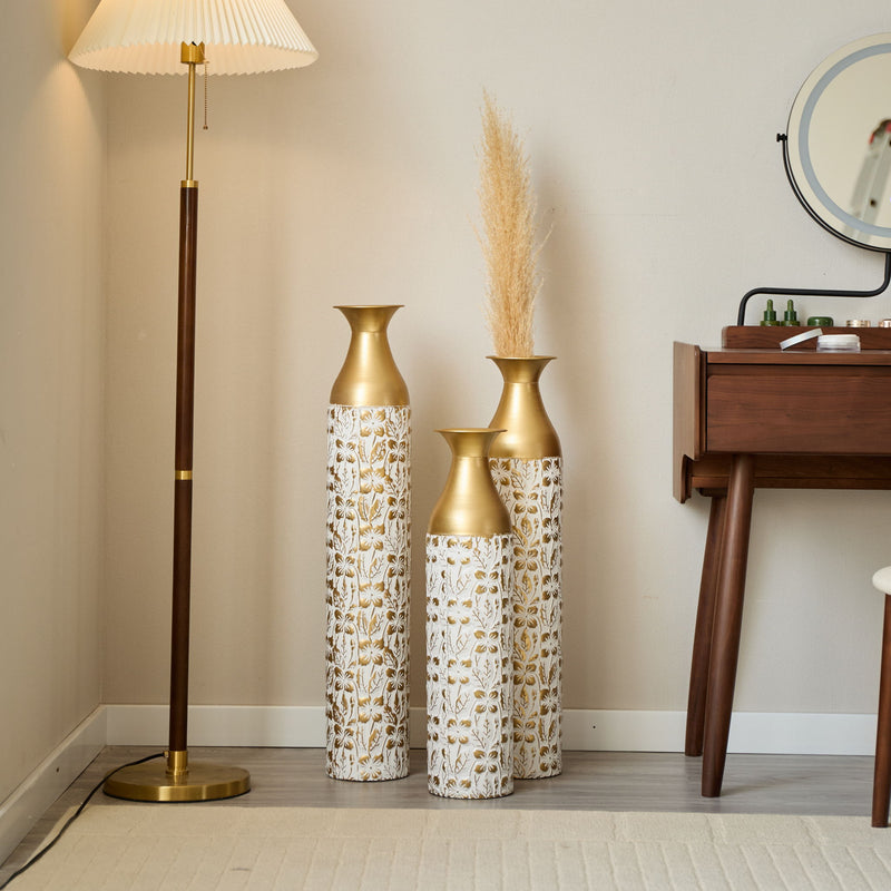 Mother's Day Gift Set Gilded White 3D Relief Flower Metal Vase Set - White / Gold