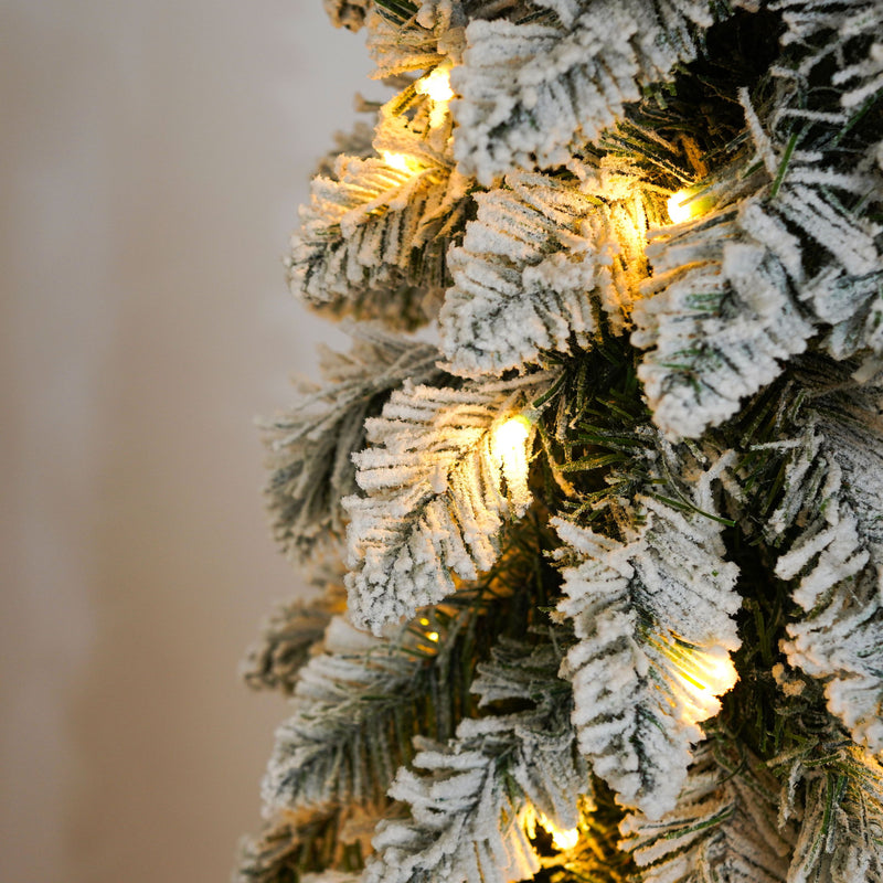 Slim Snow Flocked Pre Lit Pencil Christmas Tree, 3.9Ft / 5.9Ft / 7.9Ft With 750 Branch Tips, 480 LED Lights, Warm Glow, For Indoor Holiday Decor - White