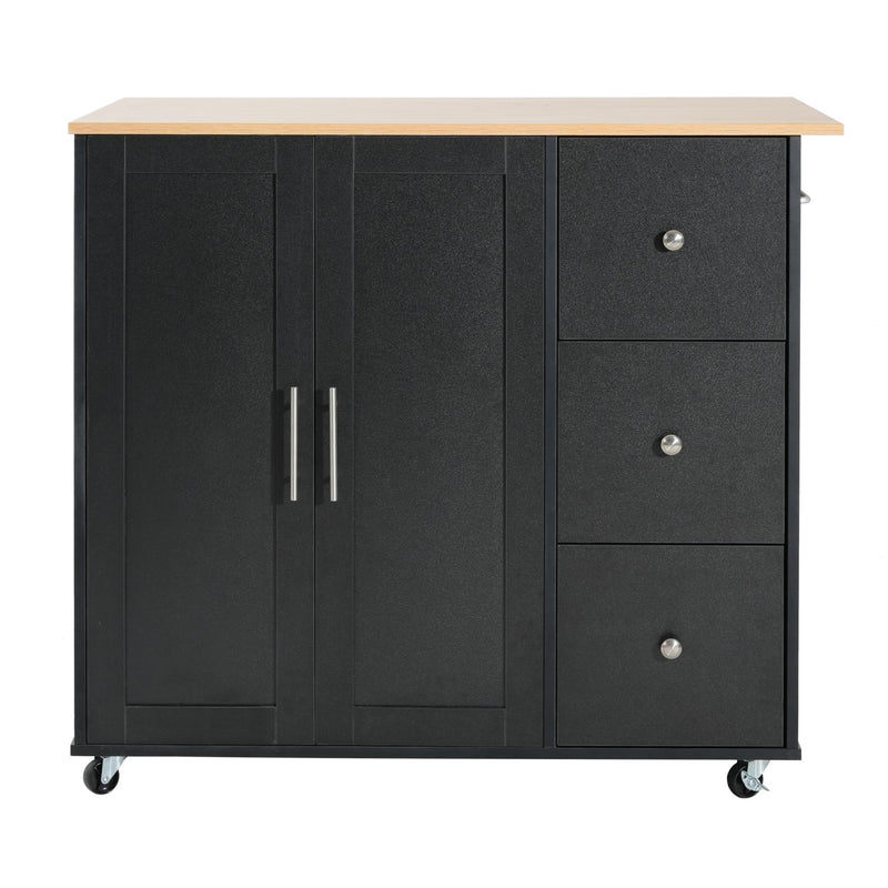 Mobile Kitchen Cart With Storage With 2 Doors, 3 Drawers & Adjustable Shelf - Black / Natural