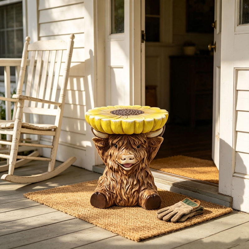 14'' Brown Highland Cow Stool With Yellow Sunflower Top, Cute Farm Animal Side Table Decor, Indoor & Outdoor Creative Figurine Seat For Patio, Garden, Living Room Home Decor