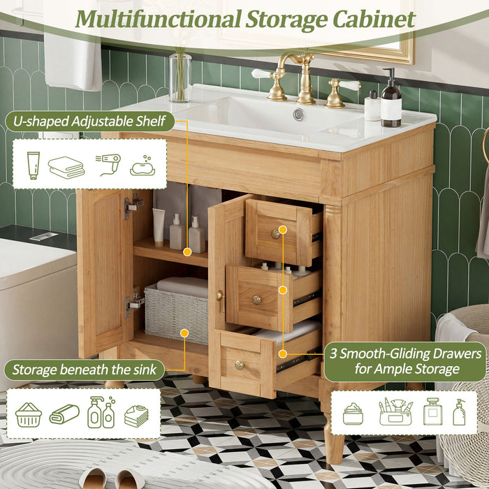 Modern Bathroom Vanity With Ceramic Sink, Soft Close Doors, Adjustable Shelves