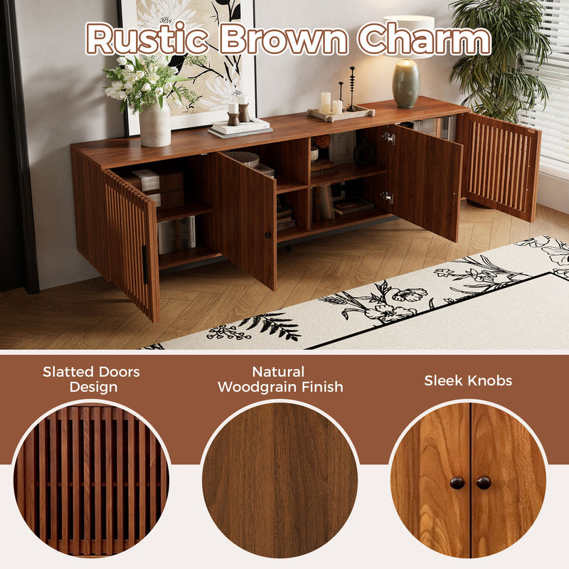 TV Stand, Media Console & Soft Closing Hinges, Adjustable Shelves, Slatted Doors - Walnut