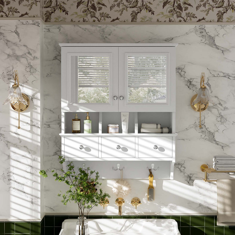 Modern Bathroom Mirror Cabinet With Drawers, Organizer Hooks, And High-Definition Mirrors