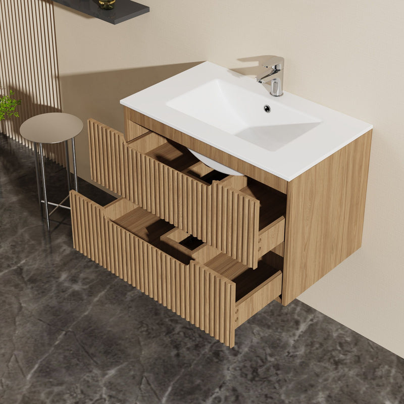30" Wall Mounted Bathroom Vanity With Sink, Soft Close System, And Spacious Drawers - Walnut