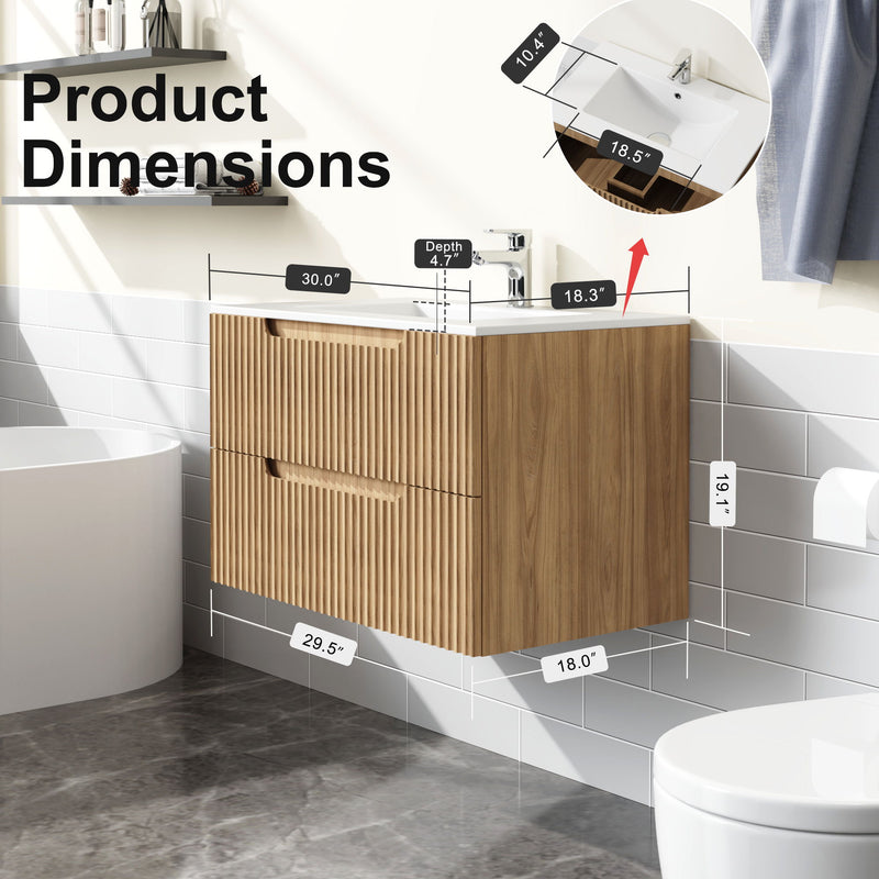 30" Wall Mounted Bathroom Vanity With Sink, Soft Close System, And Spacious Drawers - Walnut