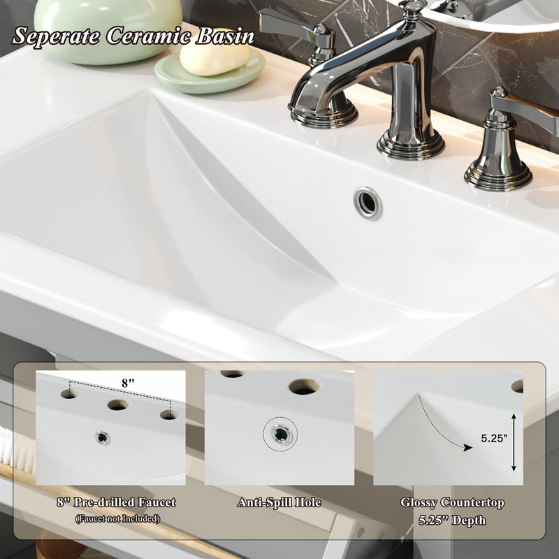 Bathroom Vanity With Ceramic Sink, Adjustable Shelf & Tip Out Tray