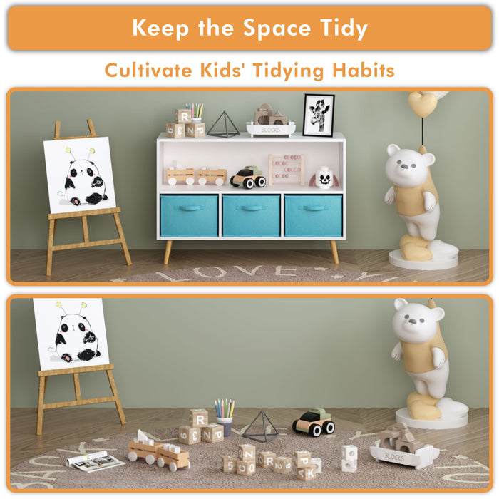 Bookcase With Collapsible Drawers, Book Display Storage Cabinet Organizer - White / Blue