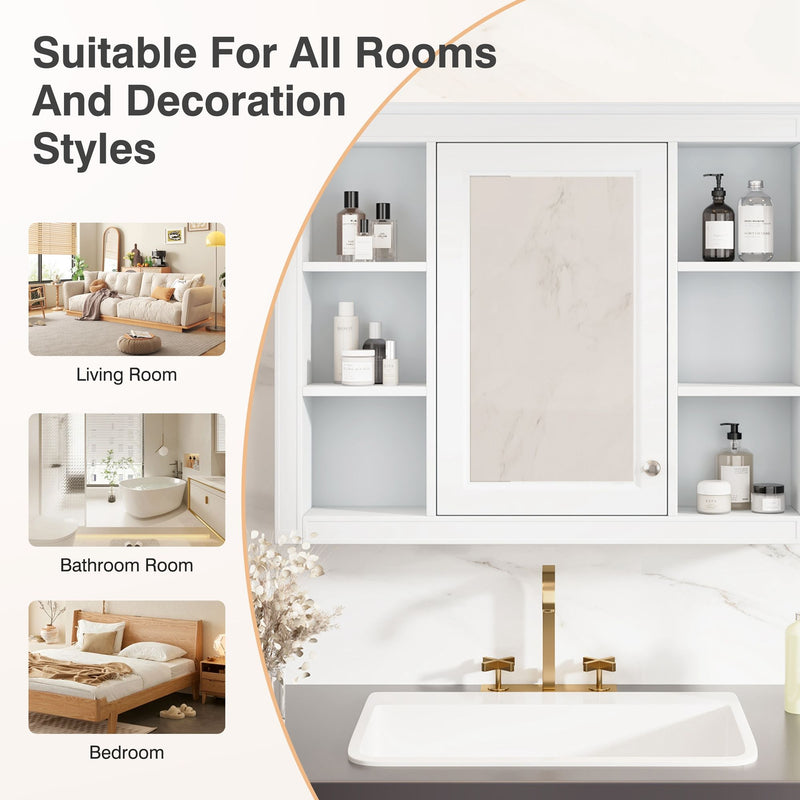 Wall Mounted Medicine Cabinet With Mirror, Storage Cabinet Featuring 6 Open Shelves And Adjustable Interior