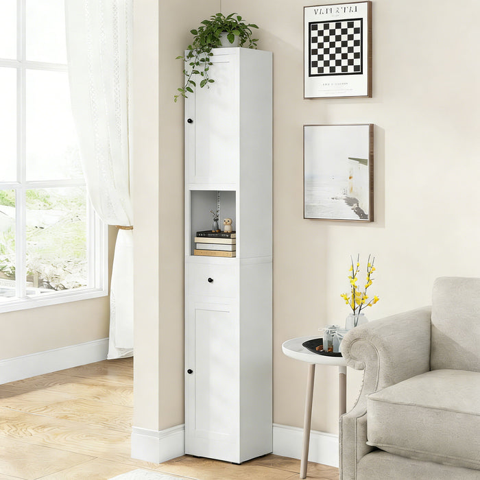 Tall Bathroom Storage Cabinet, 5-Tier Narrow With 2 Doors & Adjustable Shelves, Freestanding - White