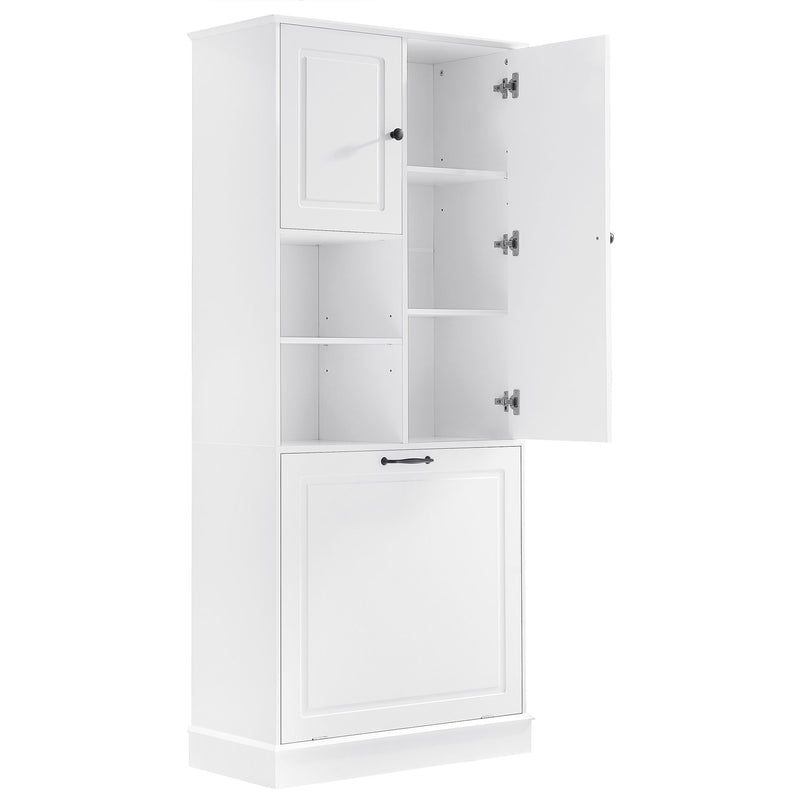 Modern Tall Storage Cabinet With Adjustable Shelves, Flip-Out Basket & Enclosed Doors