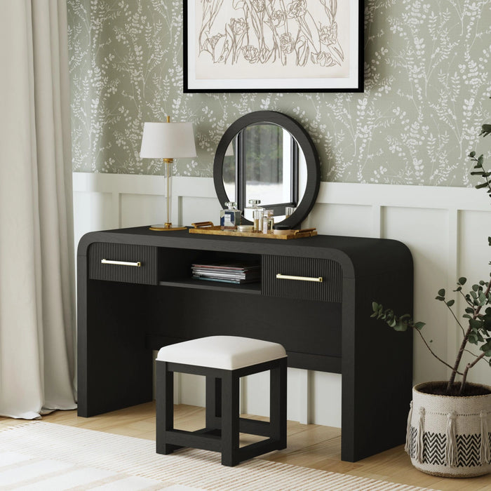 Ridgemont Dressing Stool with White Fabric in Black with Grain