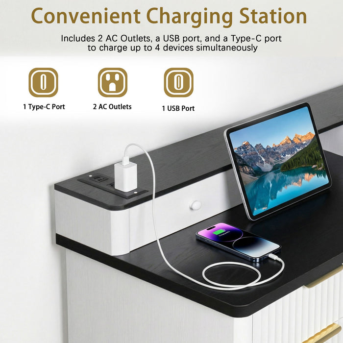 Fluted L-Shaped Desk With Charging Station & Storage Cabinet