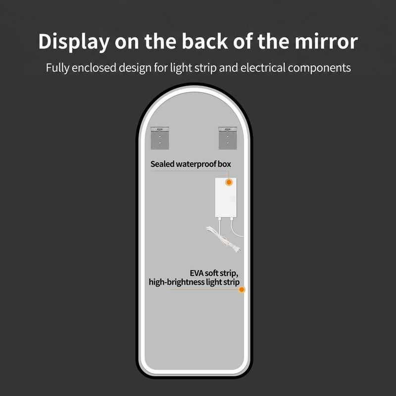 65" X 24" Arched LED Full Length Mirror With Frame, 3 Color Temperatures & Stepless Dimming - Black