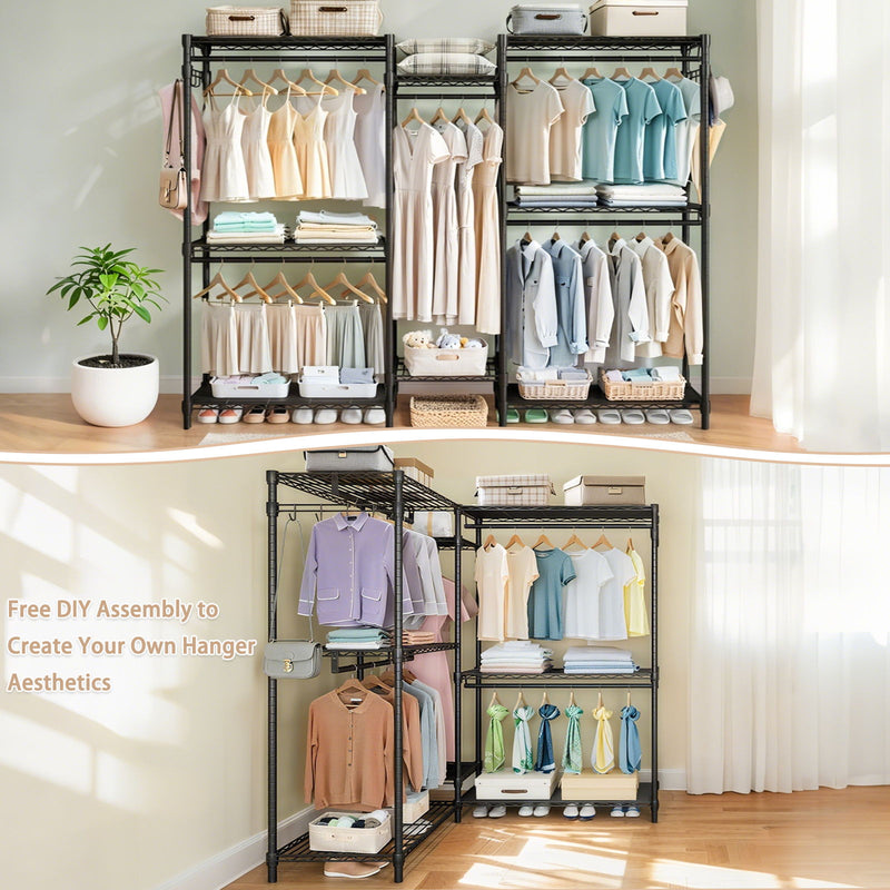 Heavy Duty Garment Rack With 8 Adjustable Wire Shelves And 5 Clothes Rails, Freestanding Closet Organizer Metal - Black