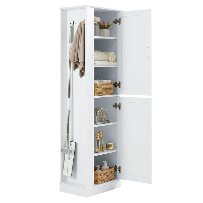 Tall Freestanding Bathroom Storage Cabinet With Adjustable Shelves And Side Hooks