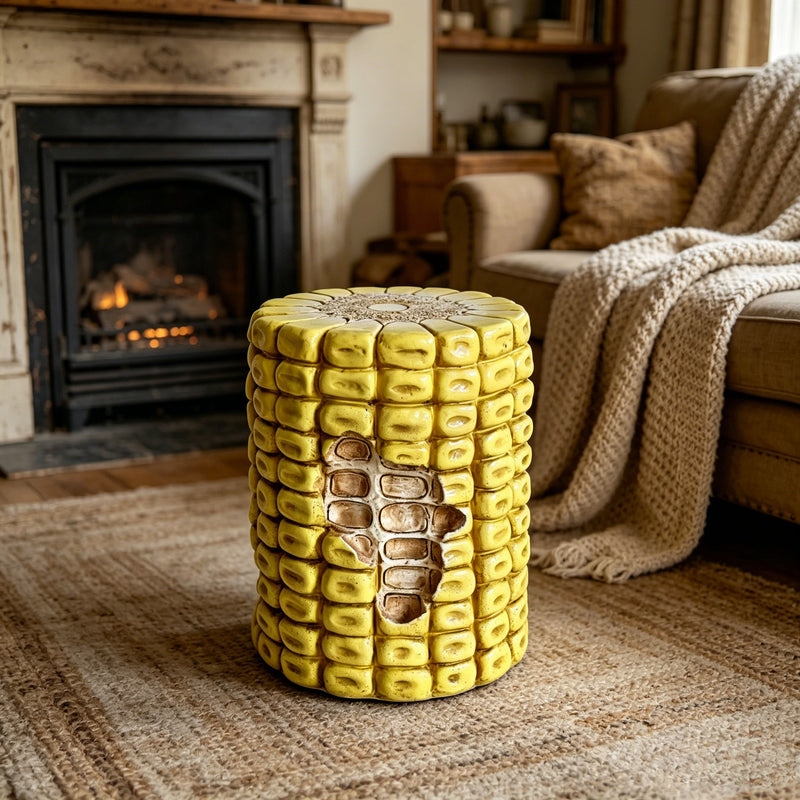 Novelty Corn Cob Stool, Plant Stand With Textured Kernels, For Home & Garden Decor - Yellow