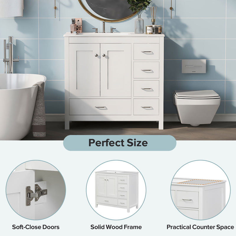 Bathroom Vanity With Ceramic Sink Combo, Abundant Storage Cabinet 2 Soft Close Doors And 5 Drawers