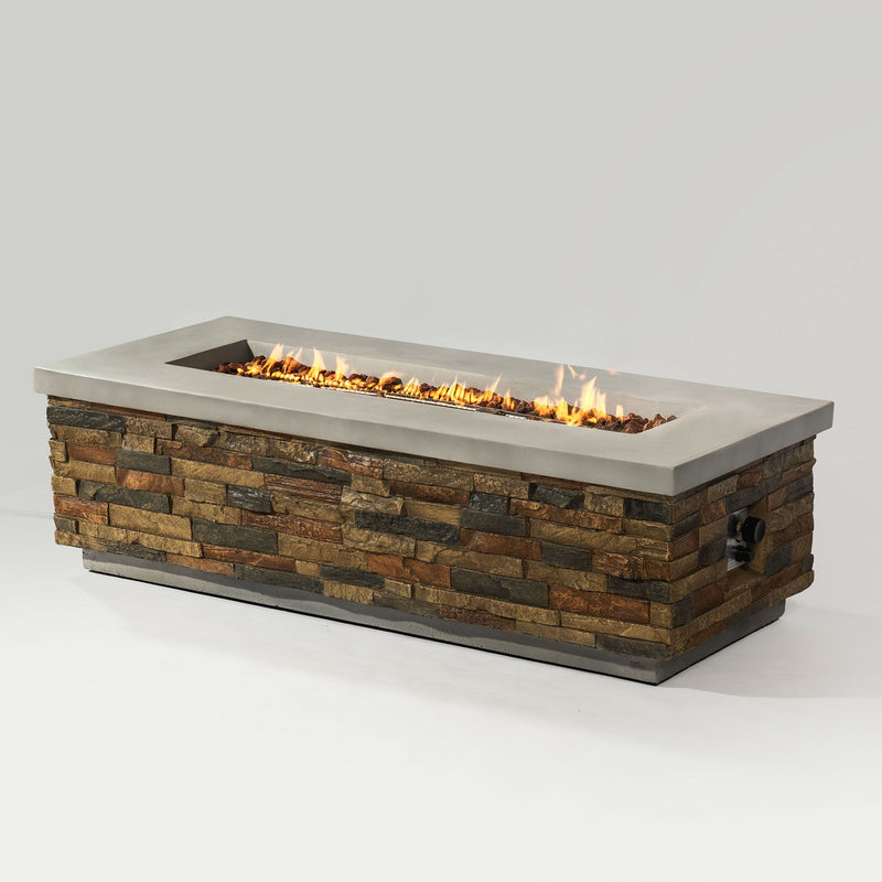 Propane Gas Fire Pit Table, 60000 Btu Rectangular For Outside Patio - Light Gray / Mixed Light Brown