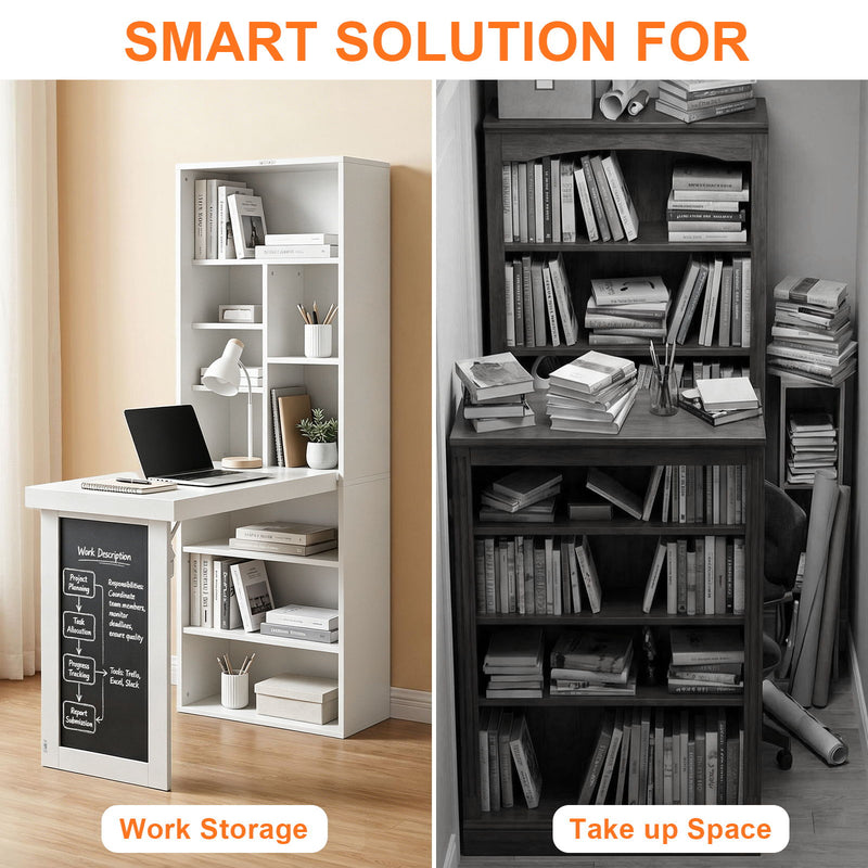 Folding Desk With Storage, Foldable Convertible Writing Table With Blackboard And Shelves For Home Office