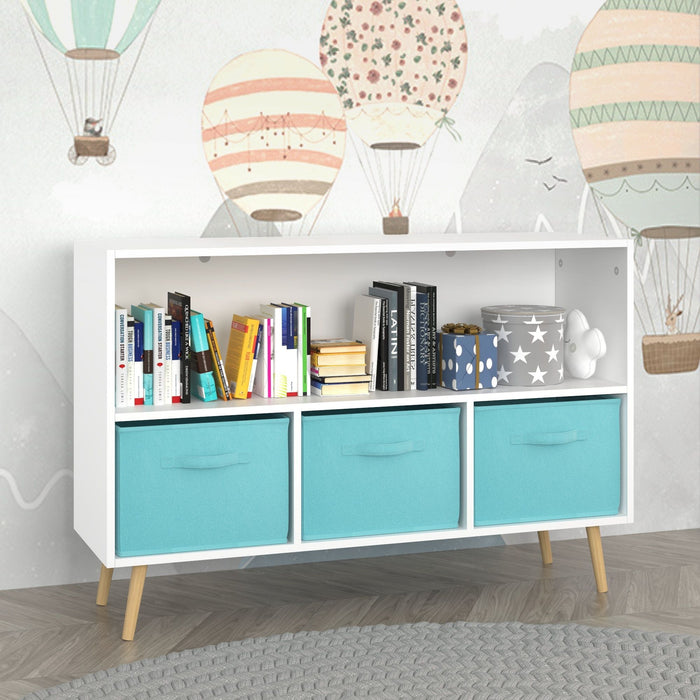 Bookcase With Collapsible Drawers, Book Display Storage Cabinet Organizer - White / Blue