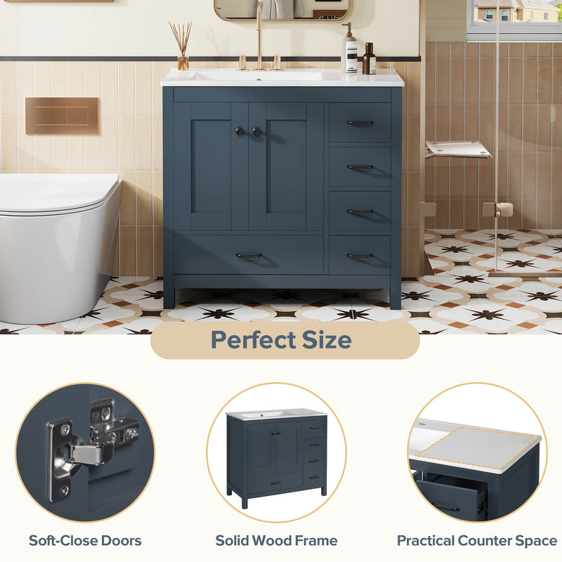 Bathroom Vanity With Ceramic Sink Combo, Abundant Storage Cabinet 2 Soft Close Doors And 5 Drawers