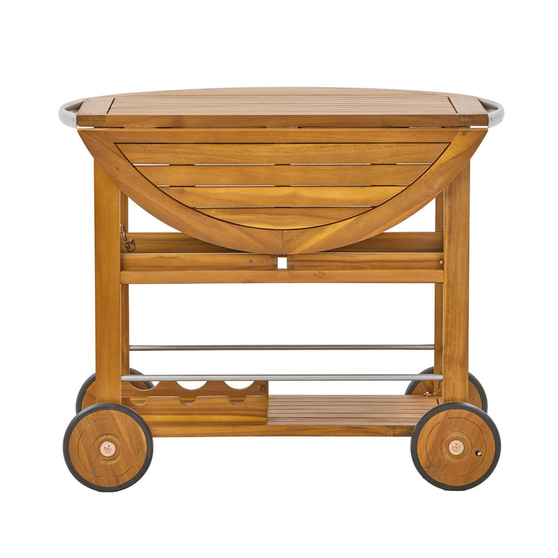 Outdoor Bar Cart With Foldable Tabletop & Removable Trays - Teak