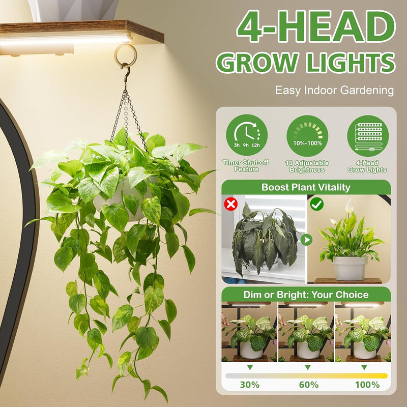 Plant Stand Indoor With Grow Light, 9 Tiered 63" Tall Indoor Plant Shelves For Multiple Plants - Walnut / Black