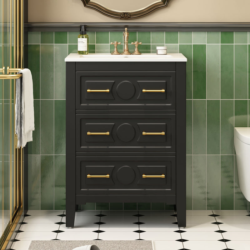 Bathroom Vanity With Sink, Free Standing Single Set, 3 Drawer Storage Cabinet