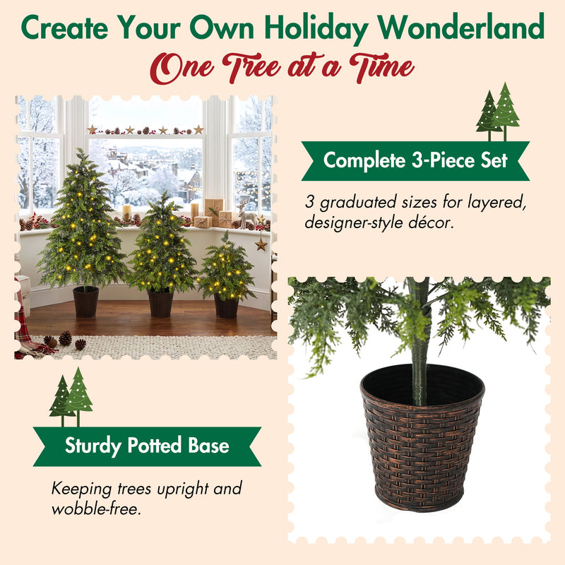 3 Piece Pre Lit Christmas Tree Set With Warm Glowing LED Lights, Sturdy Potted Base, Full Cascading Branches - Green