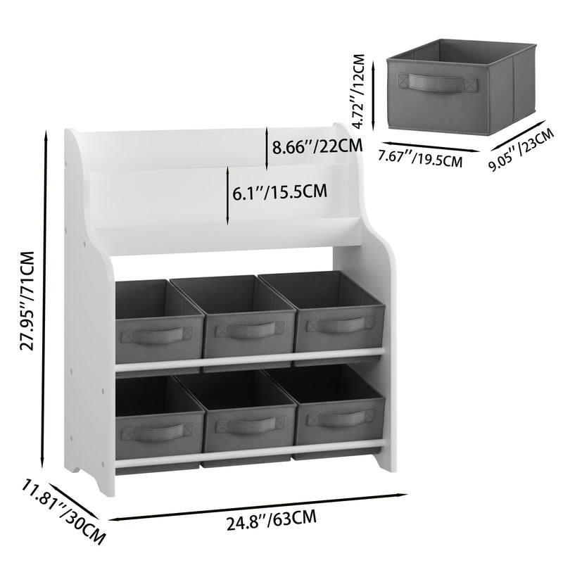 Bookshelf With 6 Storage Bins, Multi Functional Children's Bookcase And Toy Organizer - White