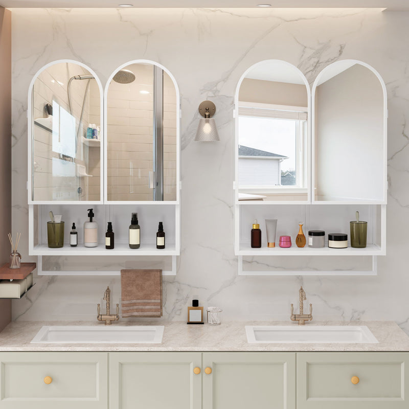 Double Arched Mirror Wall Cabinet With 2 Doors, Featuring Adjustable Shelves And Towel Rack
