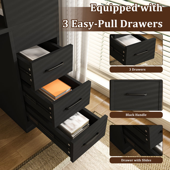 Computer Desk With 4 In 1 Socket & 3 Drawers, 4 Tier Shelves
