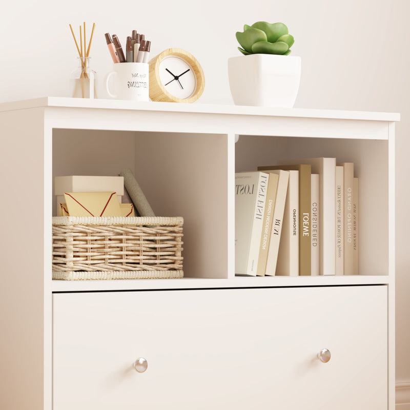 Toy Storage Organizer With Large Drawer And Low Bookshelf For Nursery & Playroom - White