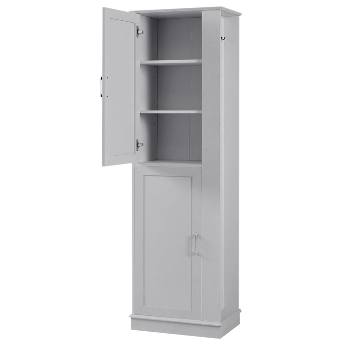Tall Freestanding Bathroom Storage Cabinet With Adjustable Shelves And Side Hooks