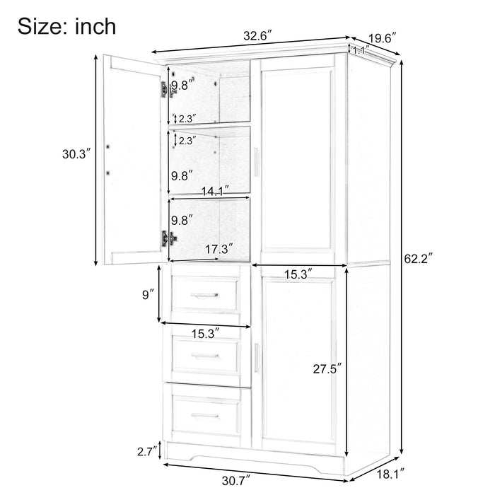 Tall Wide Storage Cabinet With Doors, 3 Drawers