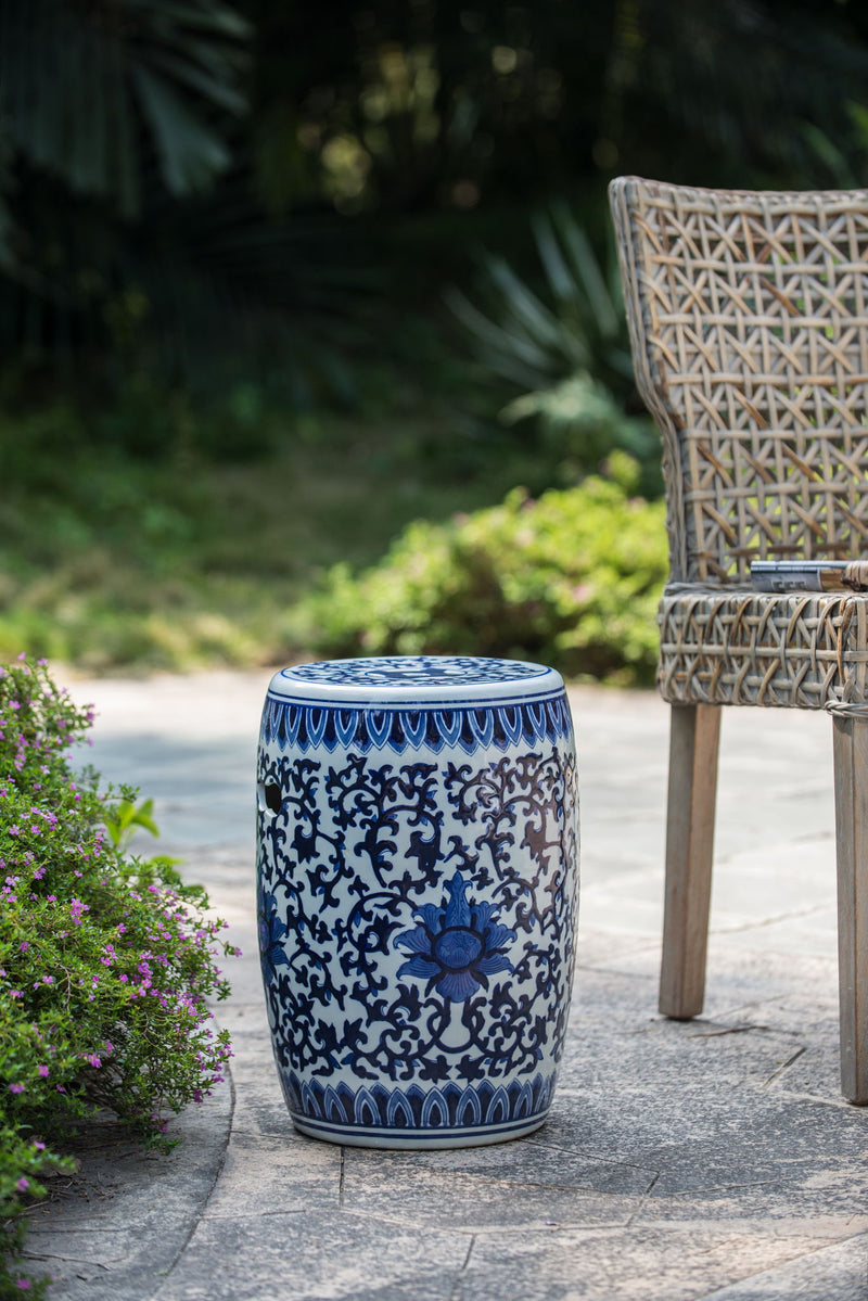 Ceramic Garden Stool, Small Side Tabel - White / Blue